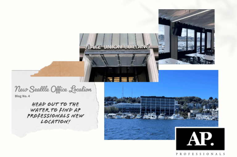 Photos in a collage of our new office location in Seattle Washington. On the water with sail boats docked in front.