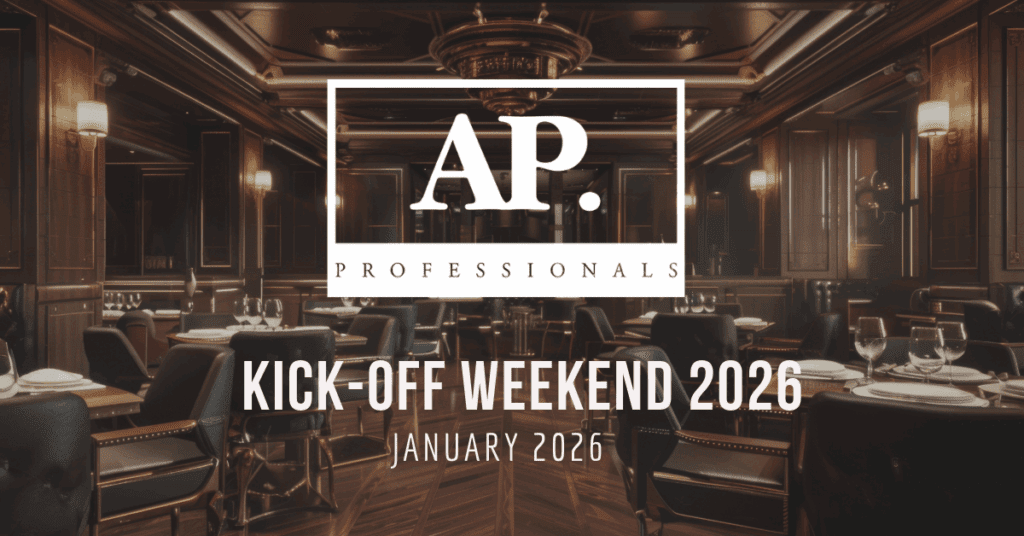 Background is a nice steakhouse restaurant with the text overlay stating "AP Professionals Kick-off Weekend 2026 January 2026"