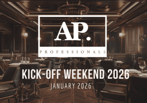 Background is a nice steakhouse restaurant with the text overlay stating "AP Professionals Kick-off Weekend 2026 January 2026"